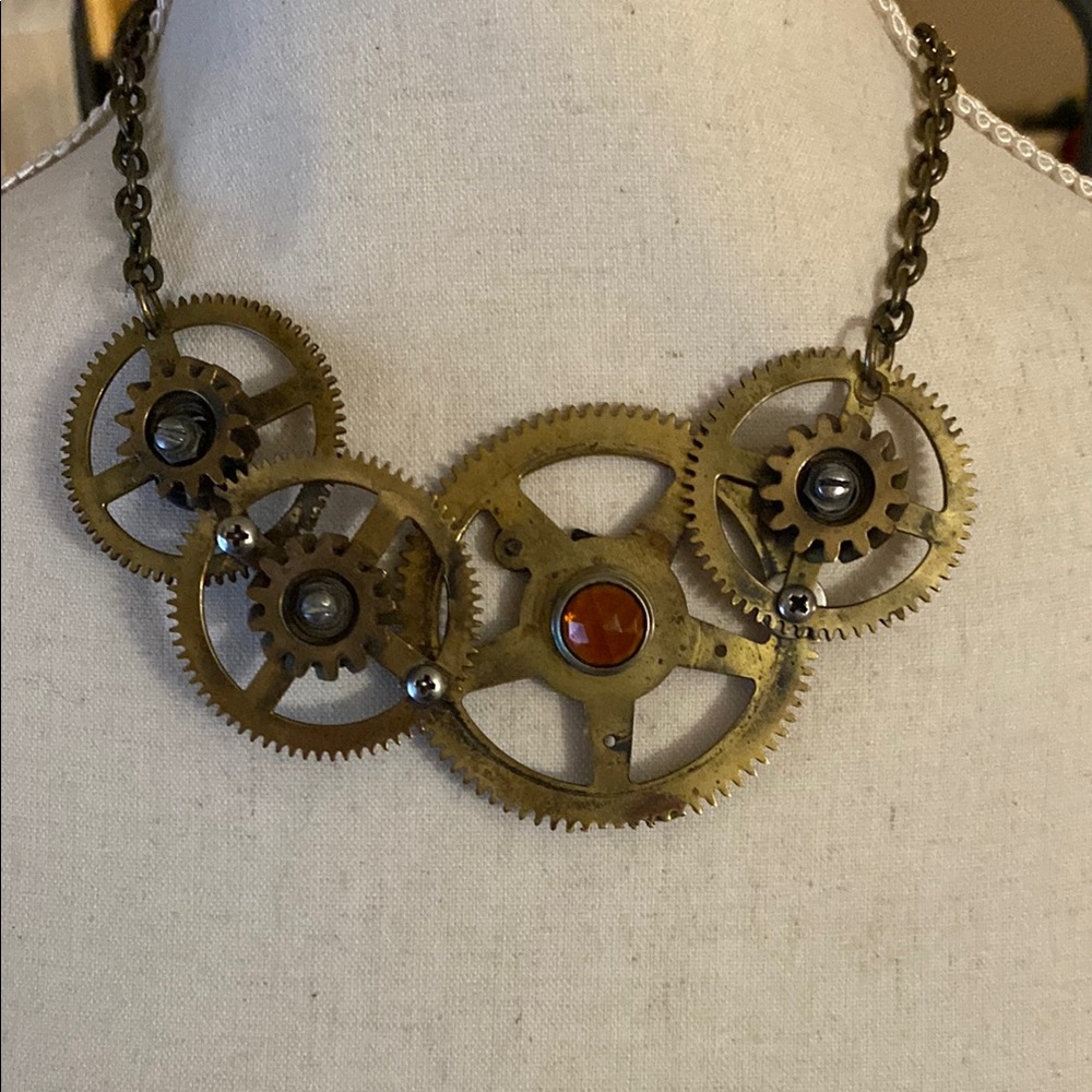 Steampunk Gear Necklace with Gold and Red Accents